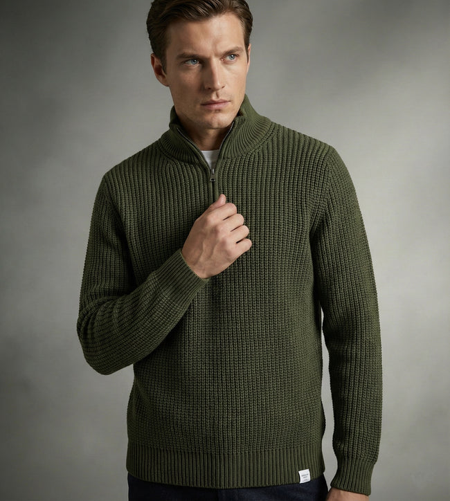 Yarım Fermuarlı Siyah Dik Yaka Kalın Fitilli Erkek Triko Kazak Haki