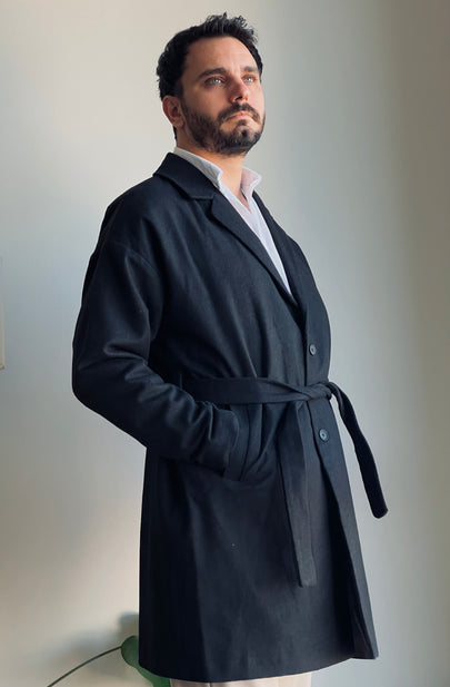 Kemerli Oversize Kaşe Kaban Siyah