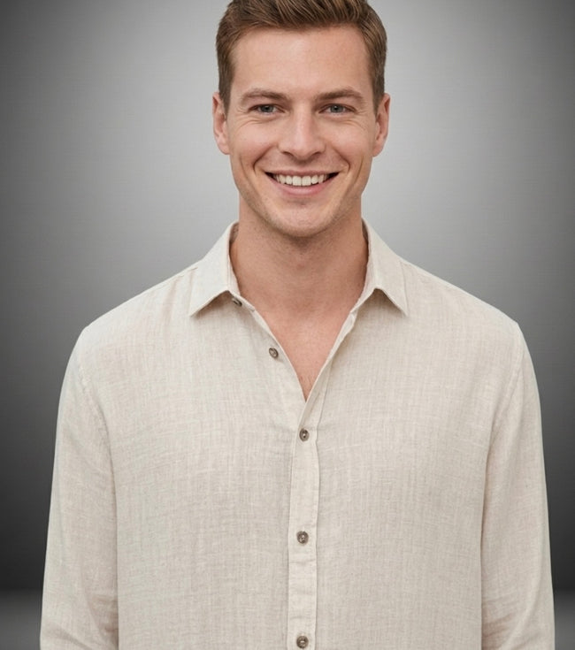 Bej Keten Görünümlü Erkek Gömlek