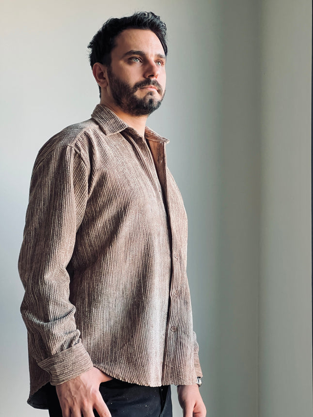 OVERSIZE EFEKTLİ KADİFE GÖMLEK BEJ