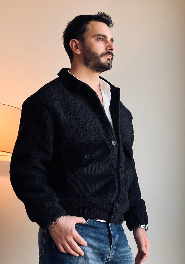 Siyah Peluş (Teddy) ve Kadife Detaylı Klasik Yaka Erkek Mont Ceket