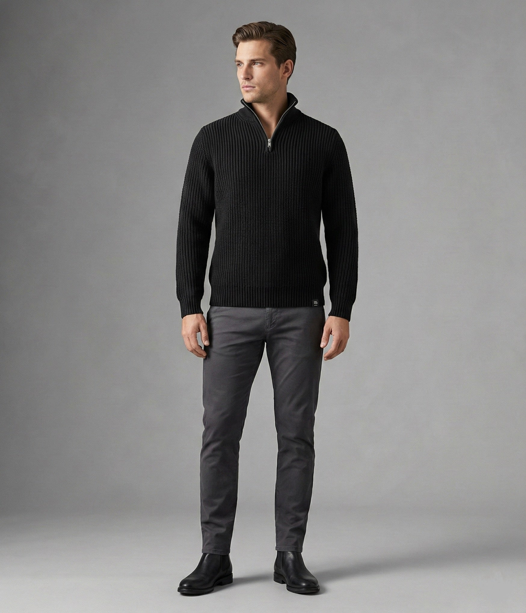 Yarım Fermuarlı Siyah Dik Yaka Kalın Fitilli Erkek Triko Kazak Siyah