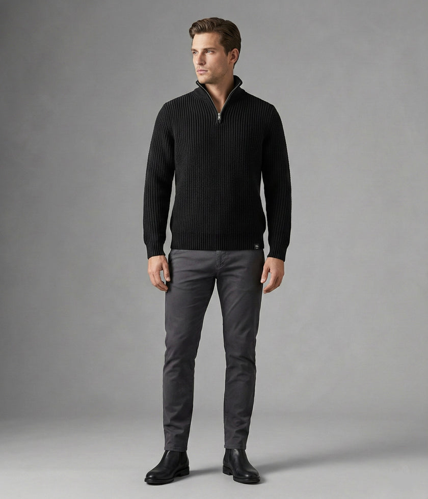 Yarım Fermuarlı Siyah Dik Yaka Kalın Fitilli Erkek Triko Kazak Siyah