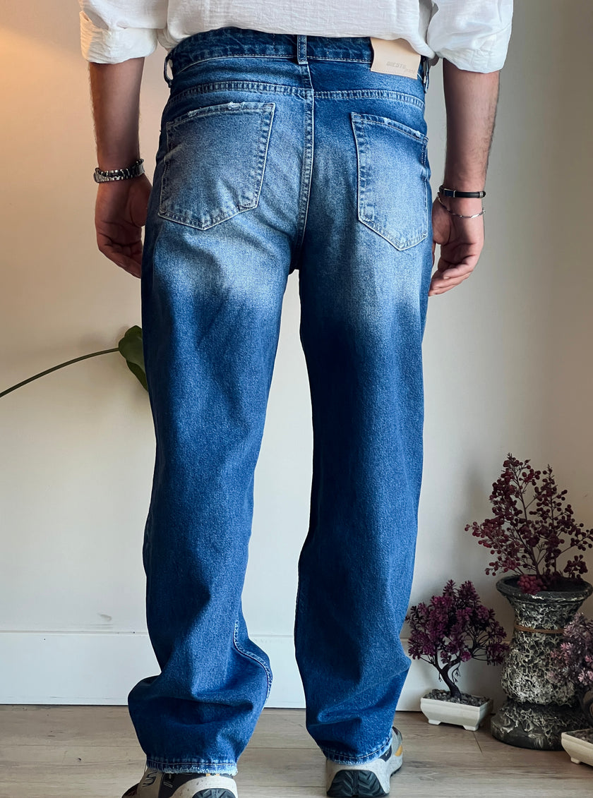 Baggy Model Taşlamalı Regular Fit Jean Pantolon - Mavi