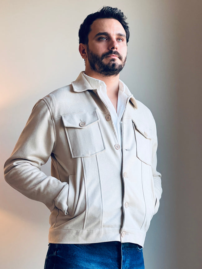 Süet Scuba Dört Cepli Regular Fit Erkek Ceket Krem