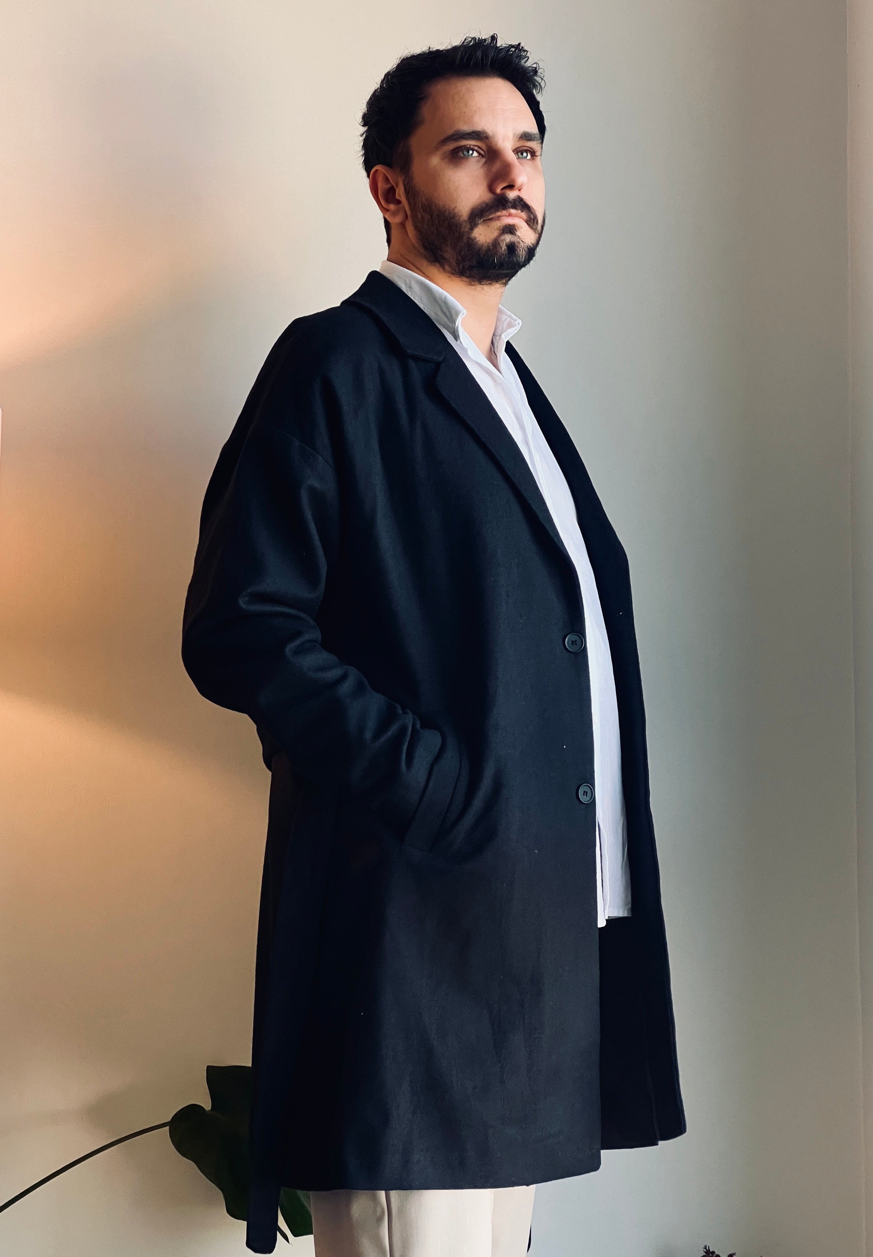 Kemerli Oversize Kaşe Kaban Siyah