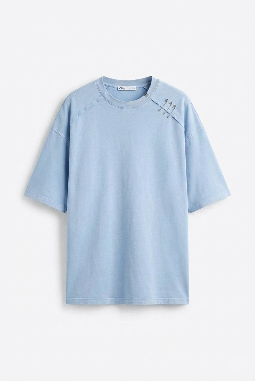 Buz Mavi Oversize Tişört – Relax Fit, Asimetrik Dikişli Modern Erkek T-Shirt