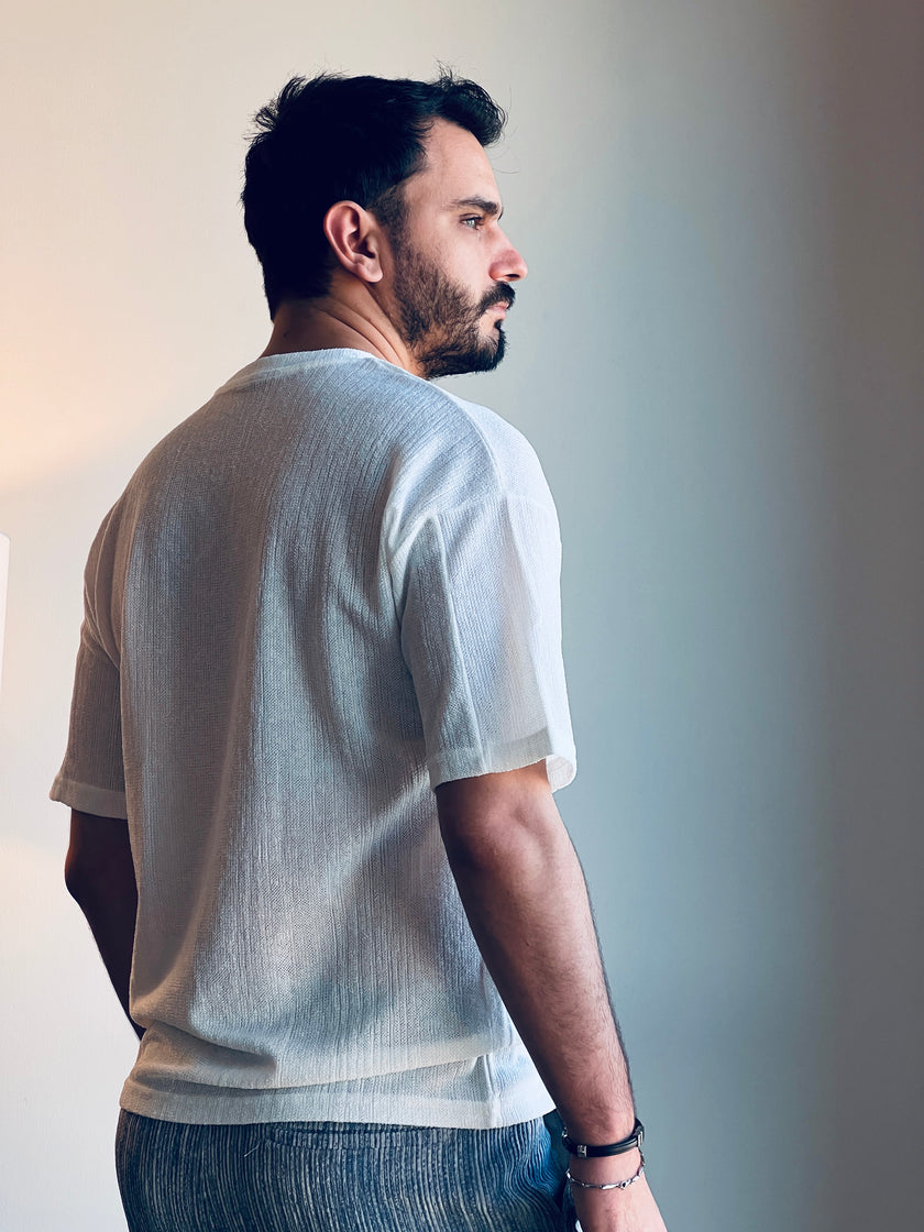 Dokulu Örme Kumaş Bisiklet Yaka Oversize Erkek Tişört Beyaz