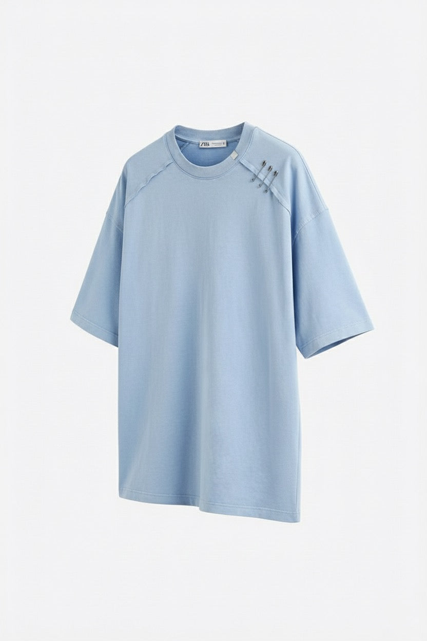 Buz Mavi Oversize Tişört – Relax Fit, Asimetrik Dikişli Modern Erkek T-Shirt