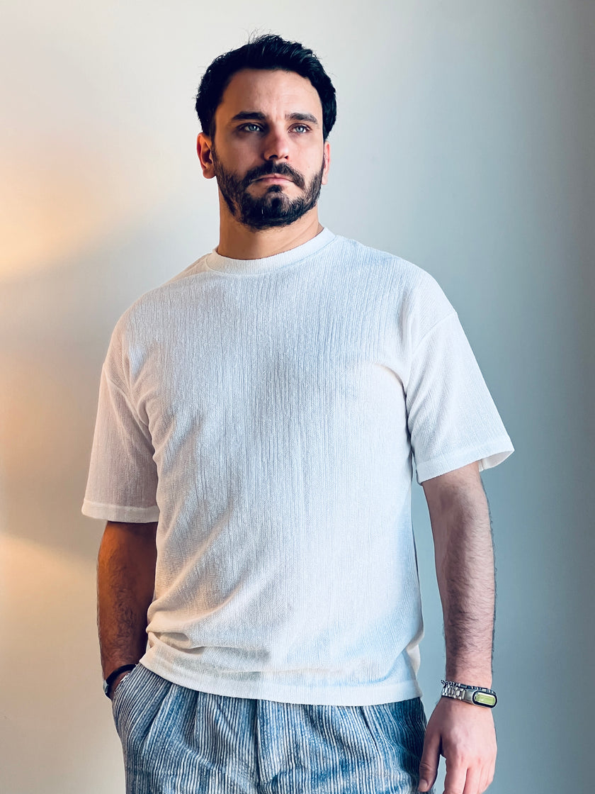 Dokulu Örme Kumaş Bisiklet Yaka Oversize Erkek Tişört Beyaz