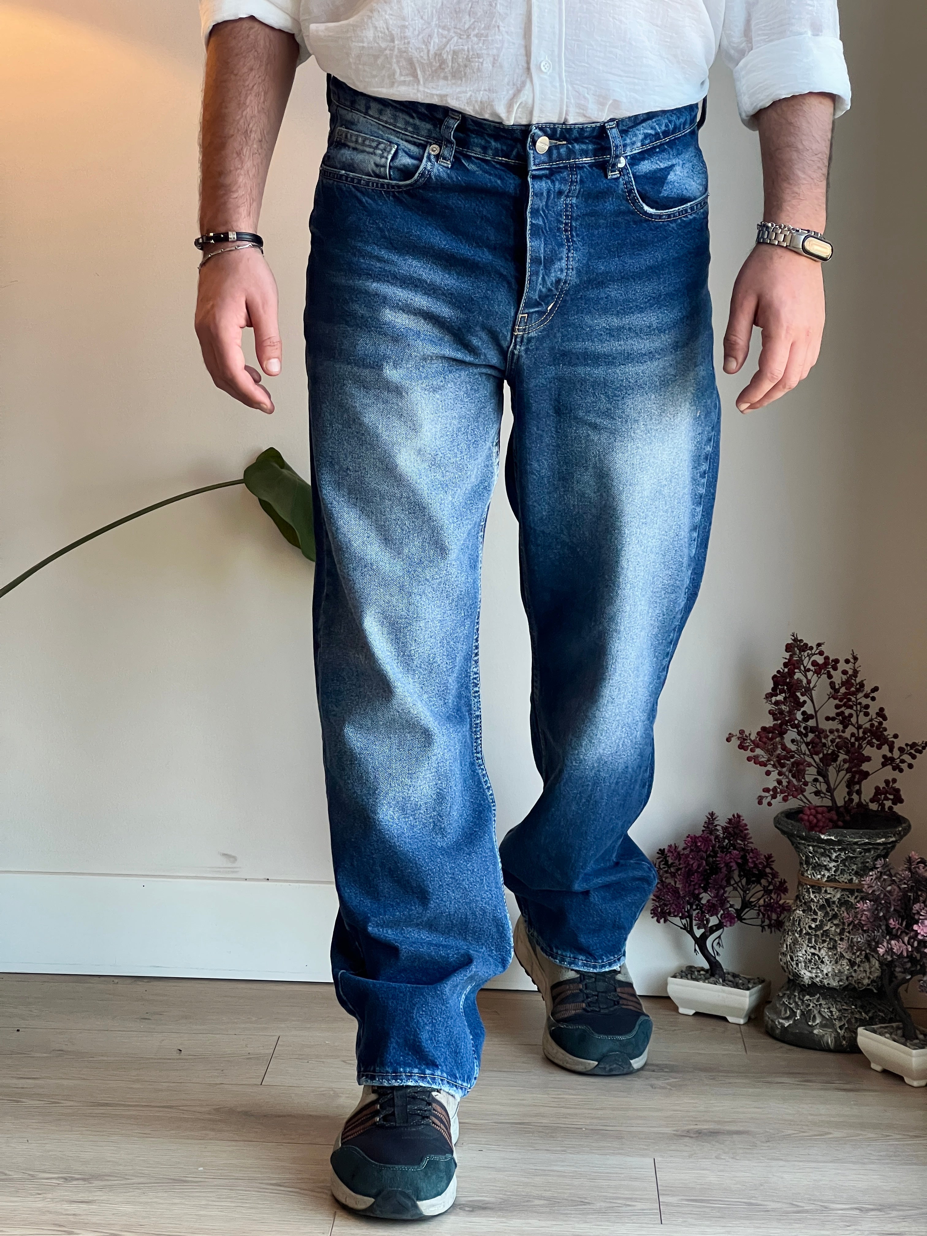 Baggy Model Taşlamalı Regular Fit Jean Pantolon - Mavi