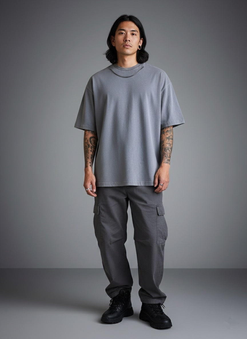 Zincir Kolye Detaylı Yıkamalı Oversize Tişört