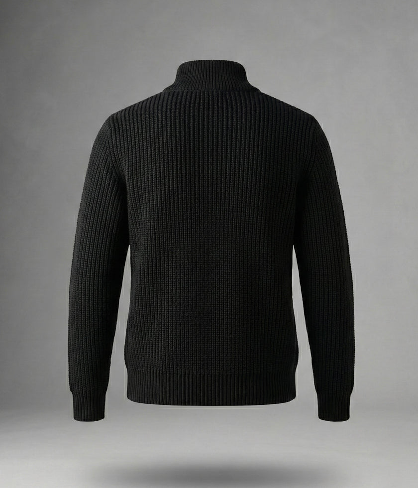 Yarım Fermuarlı Siyah Dik Yaka Kalın Fitilli Erkek Triko Kazak Siyah