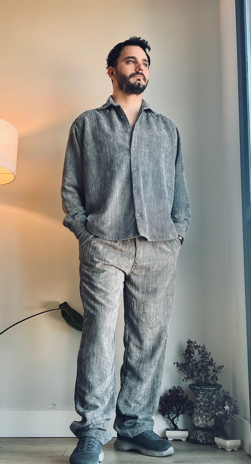 OVERSIZE EFEKTLİ KADİFE GÖMLEK ANTRASİT