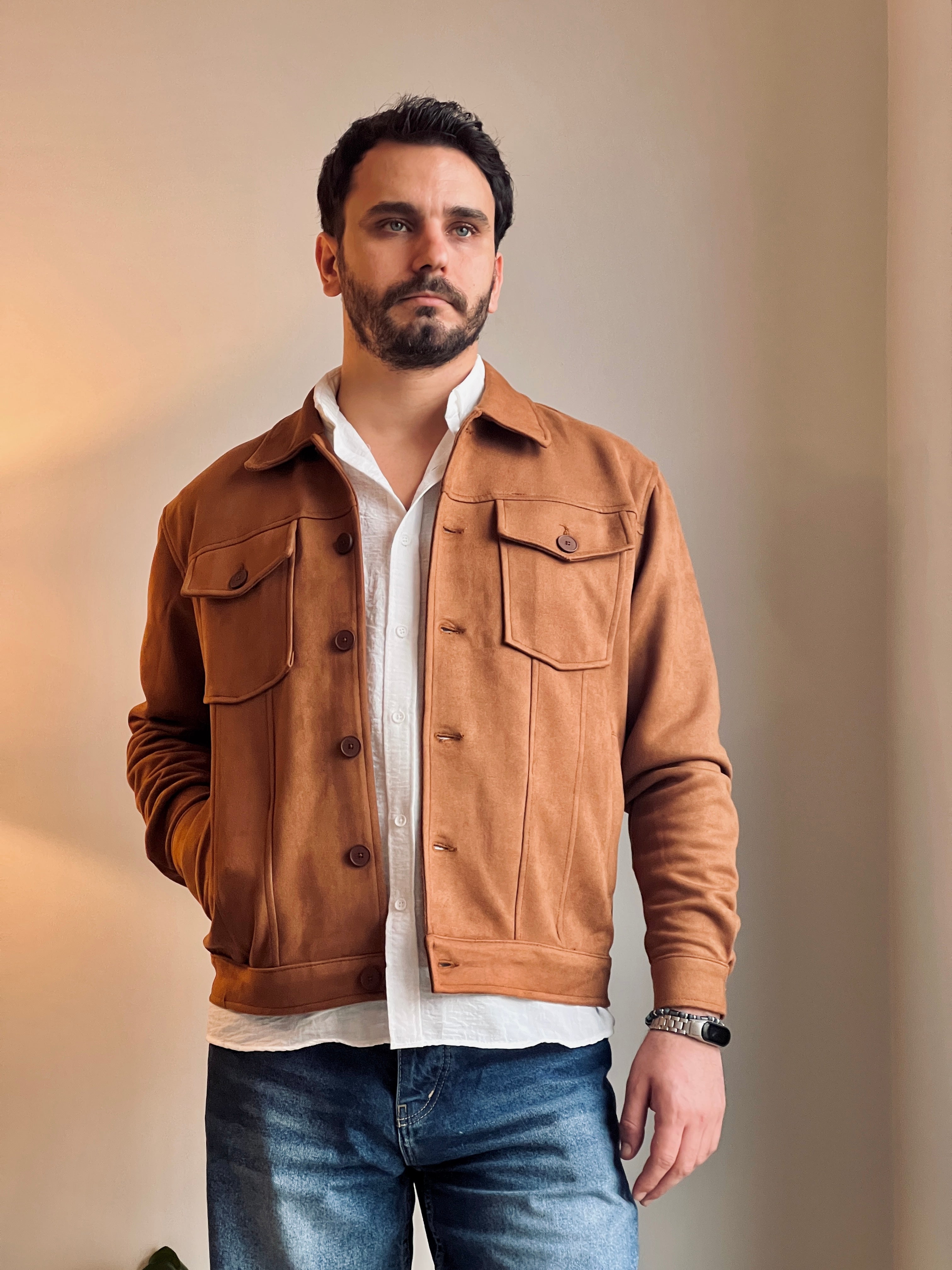 Süet Scuba Dört Cepli Regular Fit Erkek Ceket Tarçın