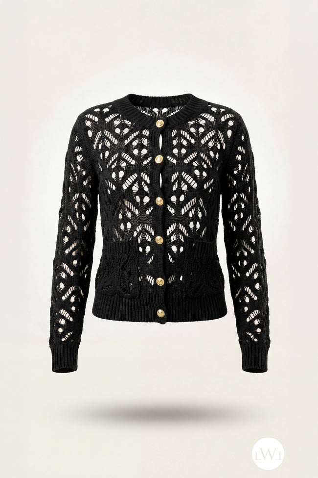 Black Openwork Seasonal Knitwear Cardigan with Gold Buttons