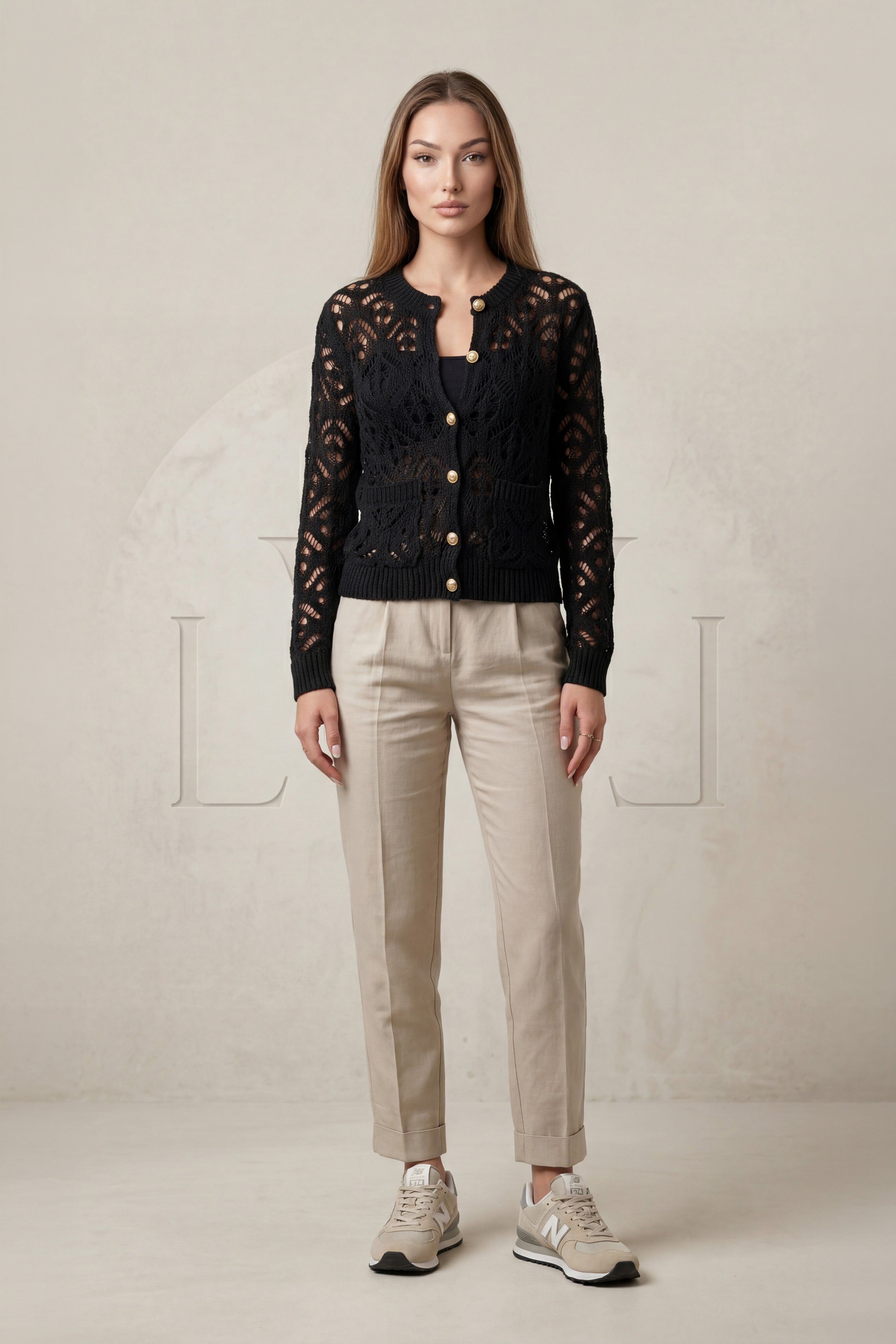 Black Openwork Seasonal Knitwear Cardigan with Gold Buttons