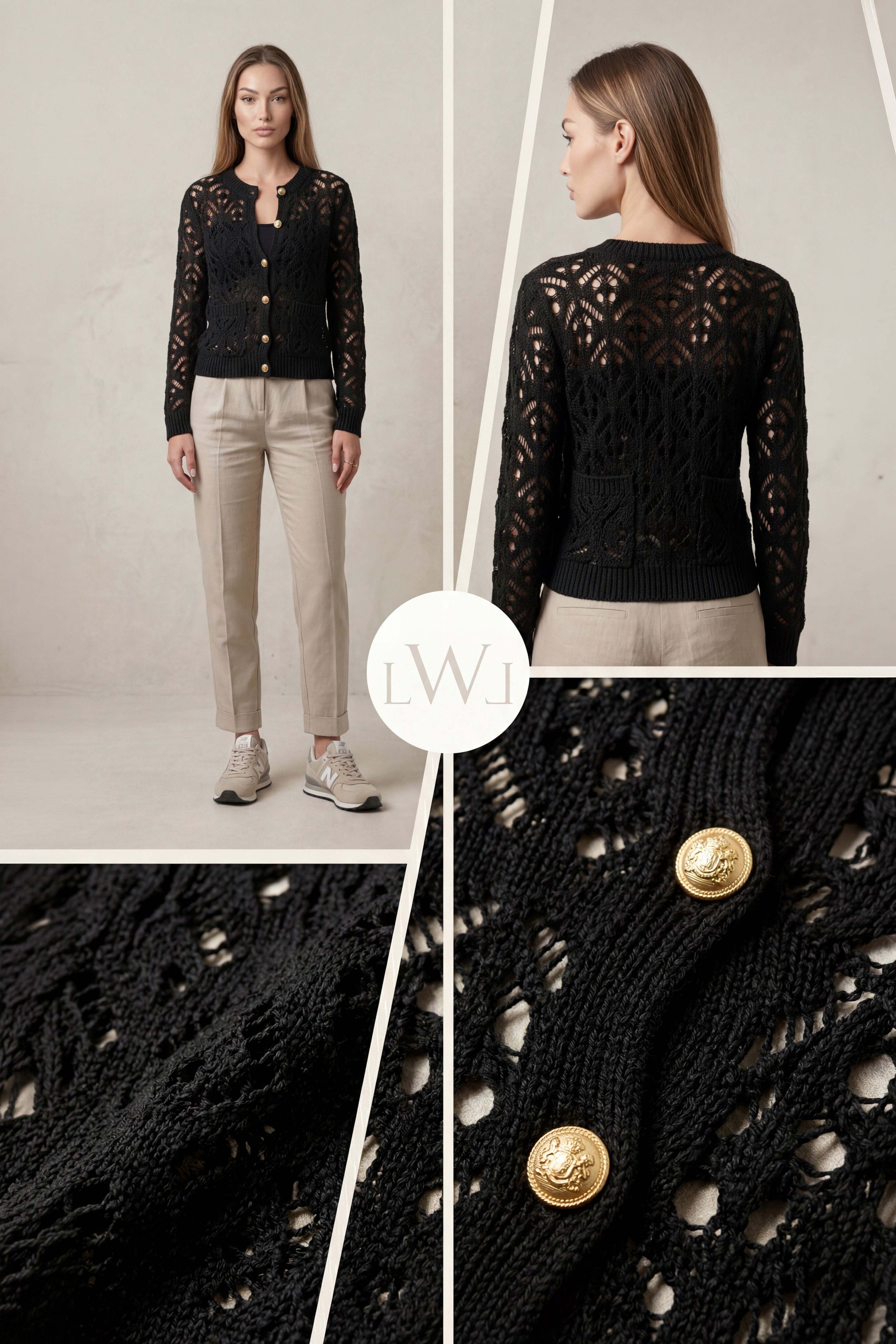 Black Openwork Seasonal Knitwear Cardigan with Gold Buttons