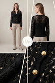 Black Openwork Seasonal Knitwear Cardigan with Gold Buttons