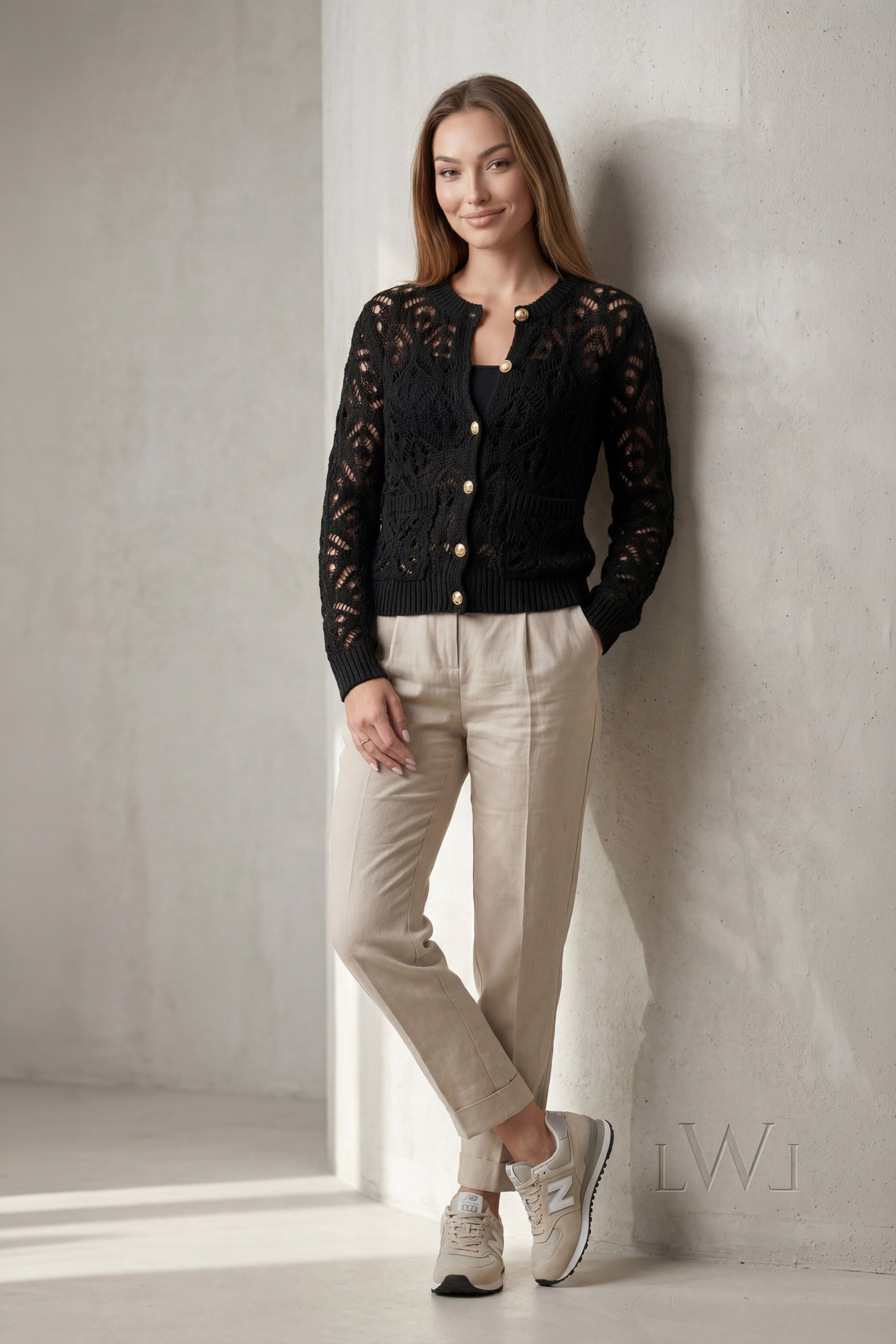 Black Openwork Seasonal Knitwear Cardigan with Gold Buttons