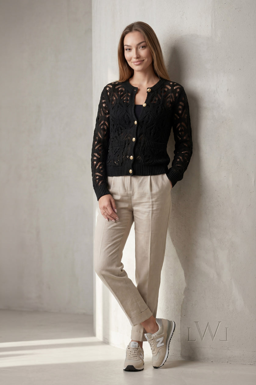 Black Openwork Seasonal Knitwear Cardigan with Gold Buttons