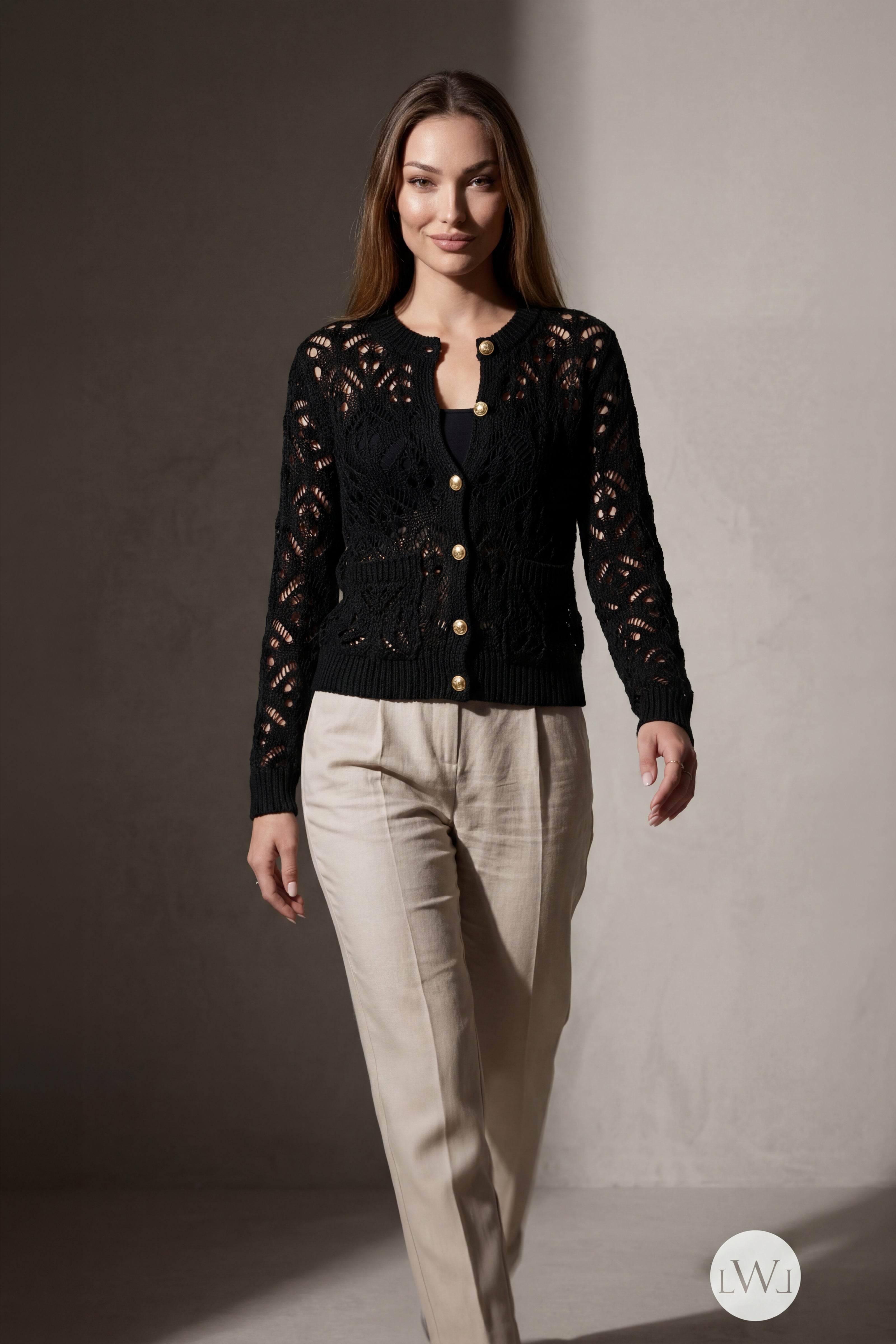 Black Openwork Seasonal Knitwear Cardigan with Gold Buttons