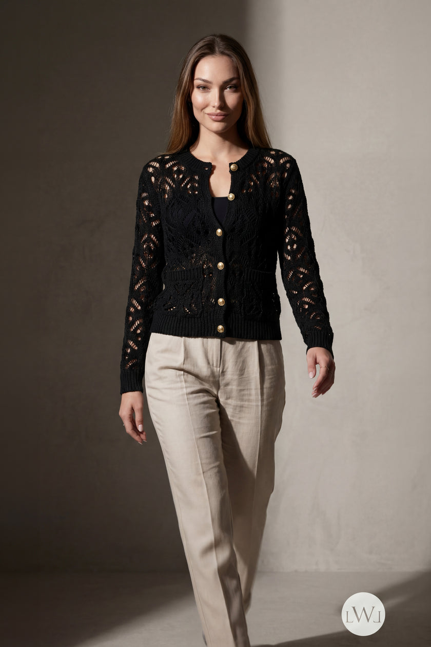Black Openwork Seasonal Knitwear Cardigan with Gold Buttons