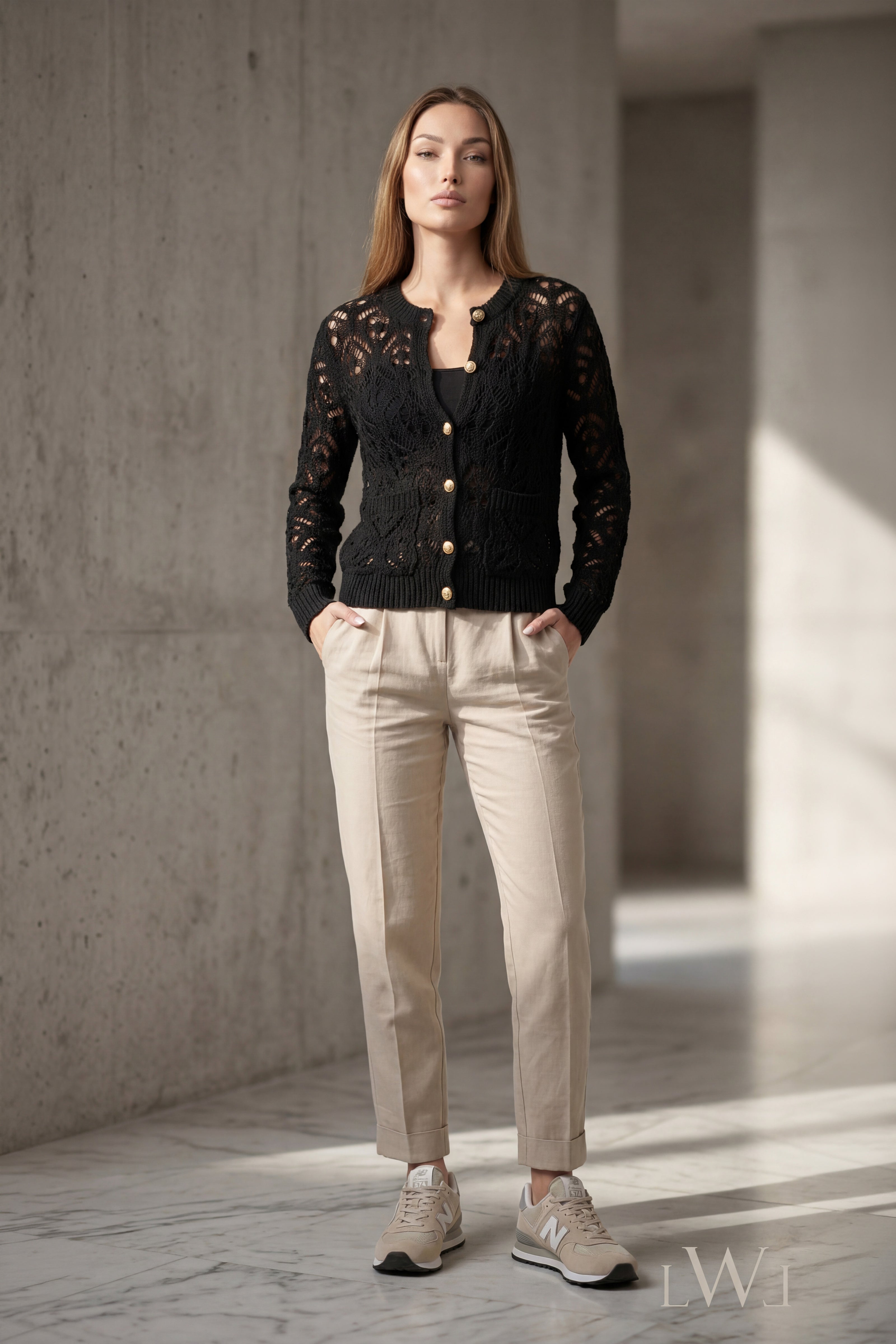 Black Openwork Seasonal Knitwear Cardigan with Gold Buttons