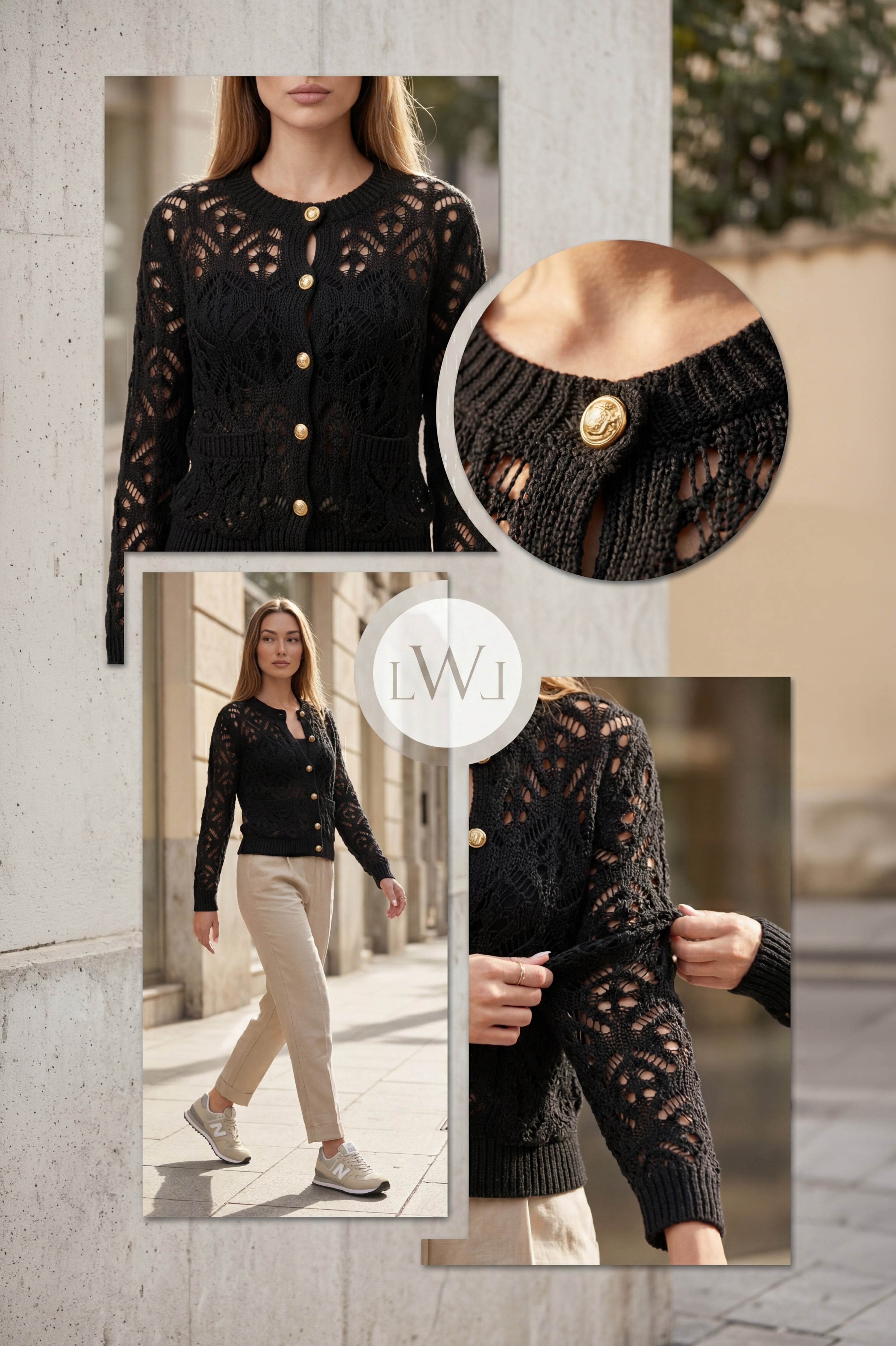 Black Openwork Seasonal Knitwear Cardigan with Gold Buttons