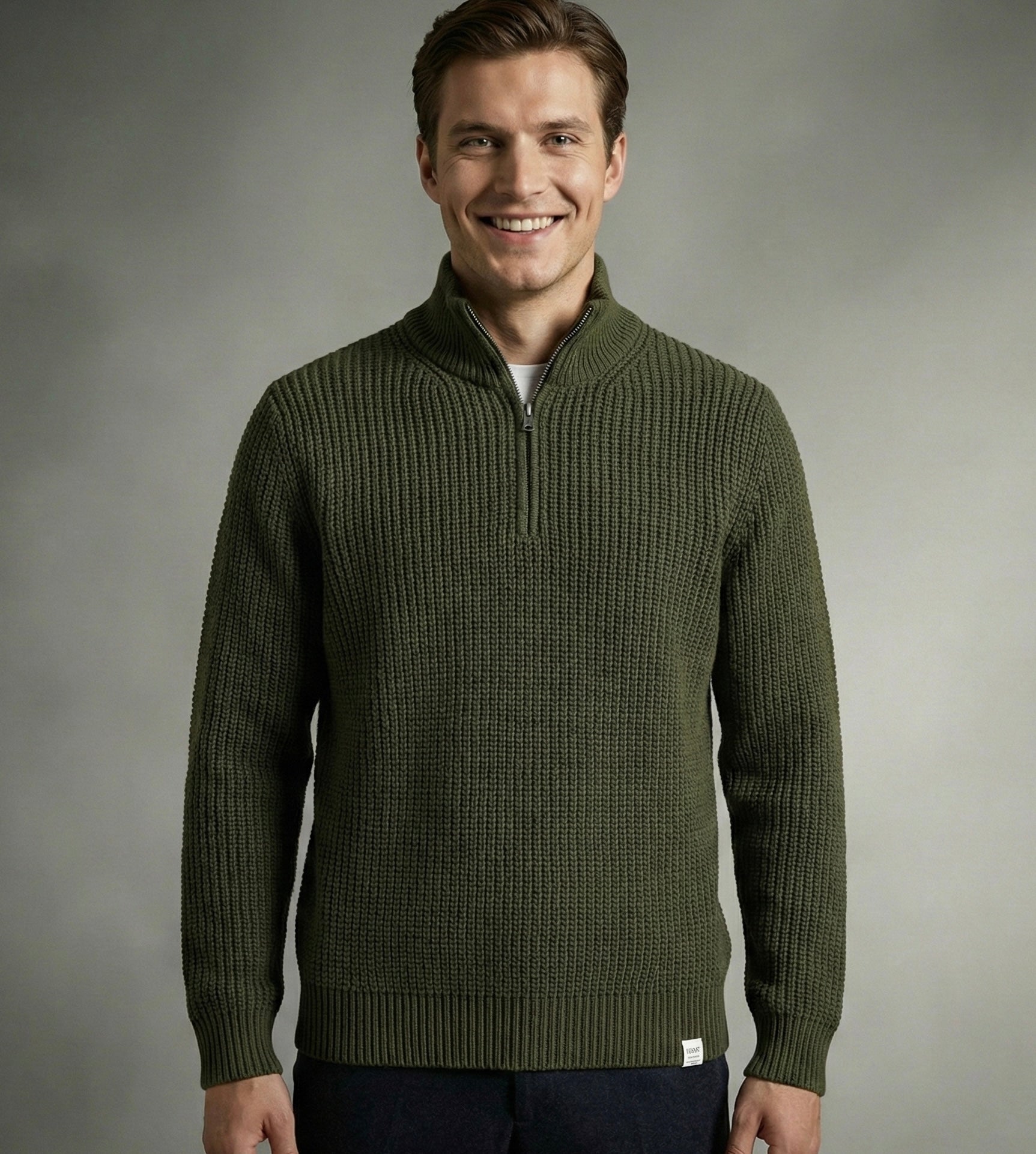 Yarım Fermuarlı Siyah Dik Yaka Kalın Fitilli Erkek Triko Kazak Haki