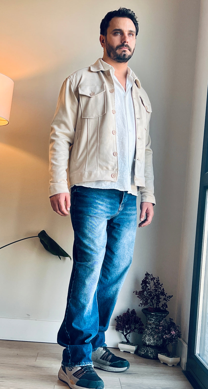 Süet Scuba Dört Cepli Regular Fit Erkek Ceket Krem