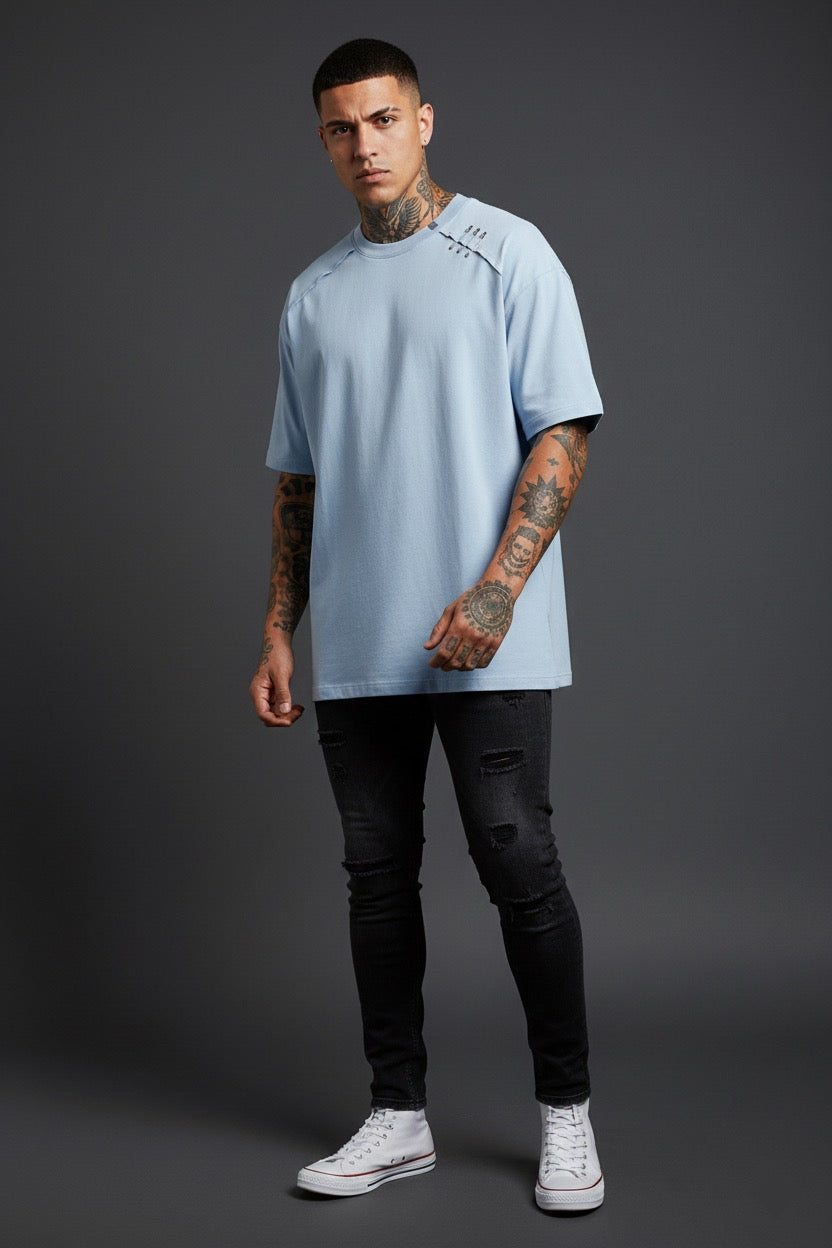 Buz Mavi Oversize Tişört – Relax Fit, Asimetrik Dikişli Modern Erkek T-Shirt