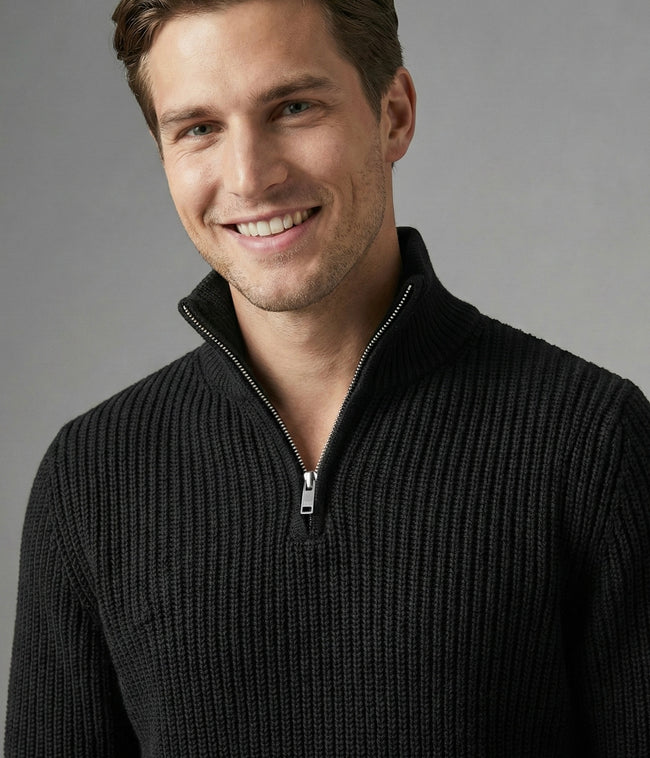 Yarım Fermuarlı Siyah Dik Yaka Kalın Fitilli Erkek Triko Kazak Siyah