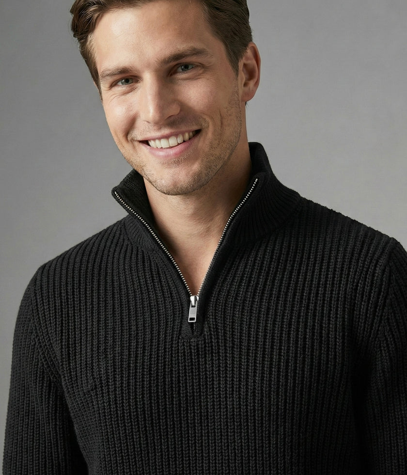 Yarım Fermuarlı Siyah Dik Yaka Kalın Fitilli Erkek Triko Kazak Siyah