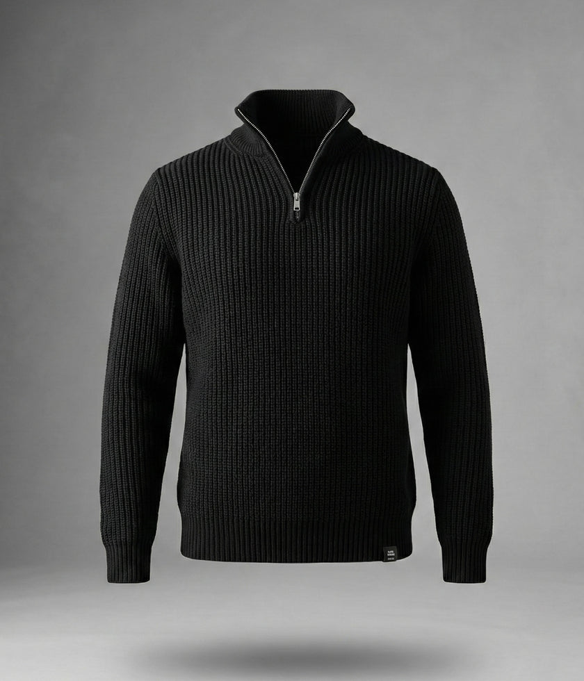 Yarım Fermuarlı Siyah Dik Yaka Kalın Fitilli Erkek Triko Kazak Siyah