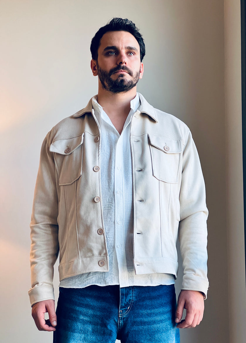 Süet Scuba Dört Cepli Regular Fit Erkek Ceket Krem