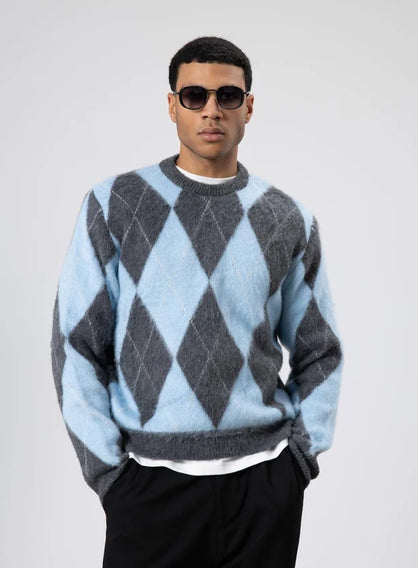 Baklava Desenli Oversize Kazak Bebe Mavi