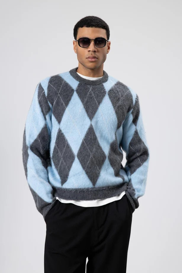 Baklava Desenli Oversize Kazak Bebe Mavi