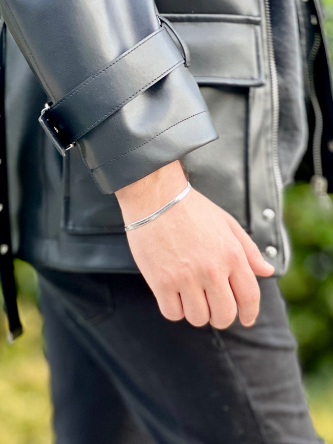 Gümüş Renk Yassı Balık Sırtı (Herringbone) Zincir Erkek Bileklik