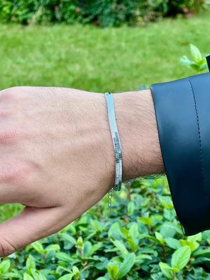 Silver Color Flat Herringbone Chain Men's Bracelet