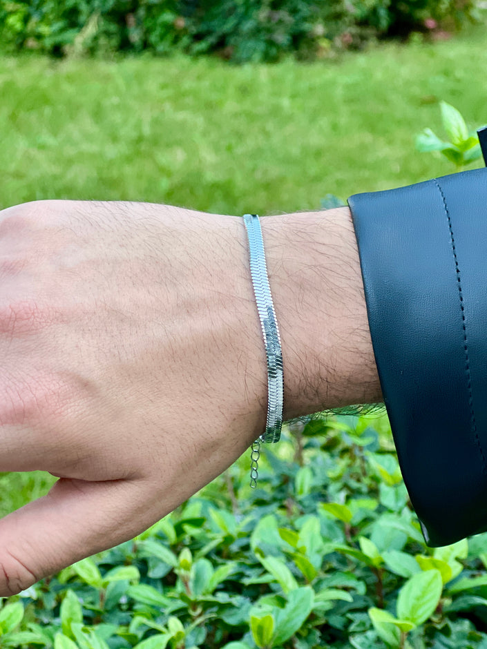 Silver Color Flat Herringbone Chain Men's Bracelet