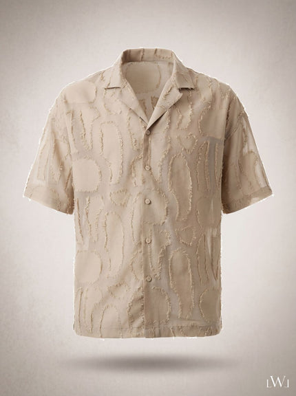 Beige Fringed Woven Detailed Short Sleeve Italian Collar Men's Shirt