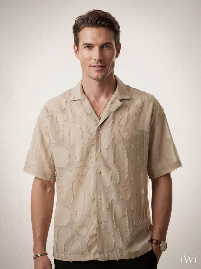 Beige Fringed Woven Detailed Short Sleeve Italian Collar Men's Shirt