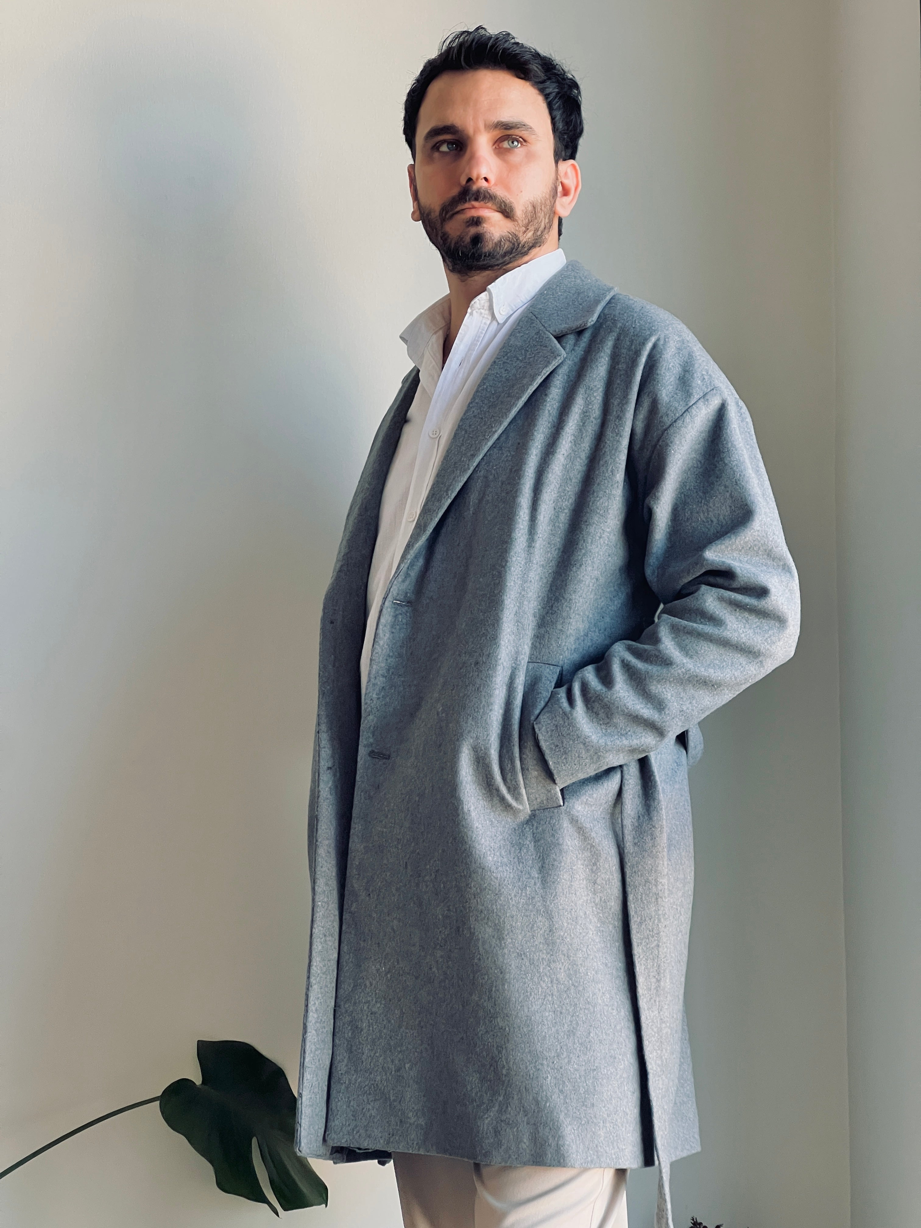 Kemerli Oversize Kaşe Kaban Gri