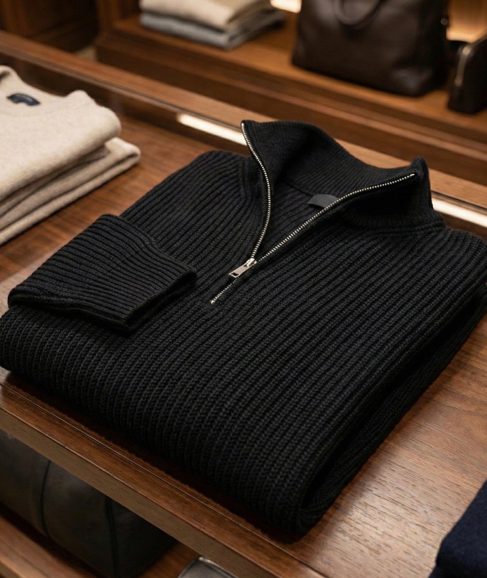 Yarım Fermuarlı Siyah Dik Yaka Kalın Fitilli Erkek Triko Kazak Siyah
