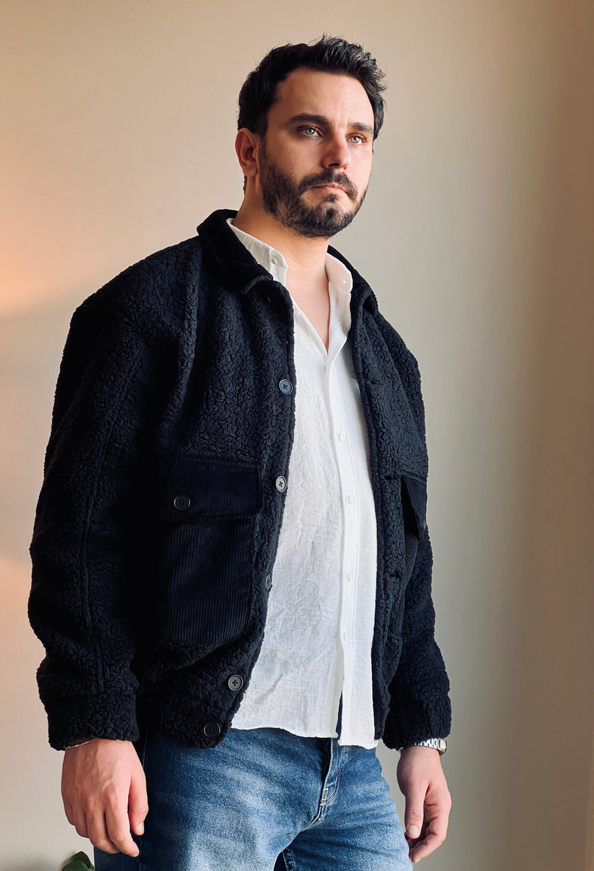 Siyah Peluş (Teddy) ve Kadife Detaylı Klasik Yaka Erkek Mont Ceket