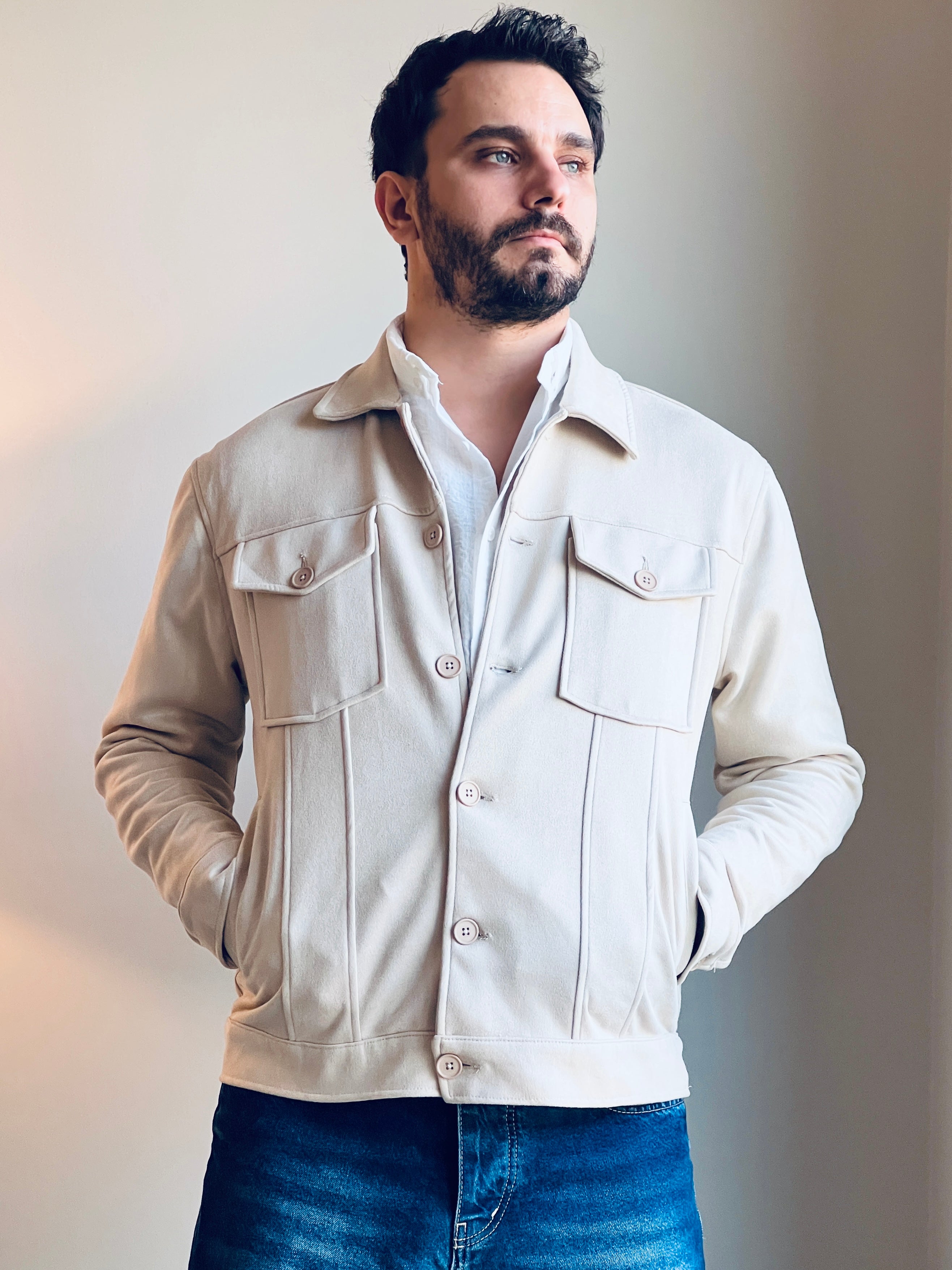 Süet Scuba Dört Cepli Regular Fit Erkek Ceket Krem