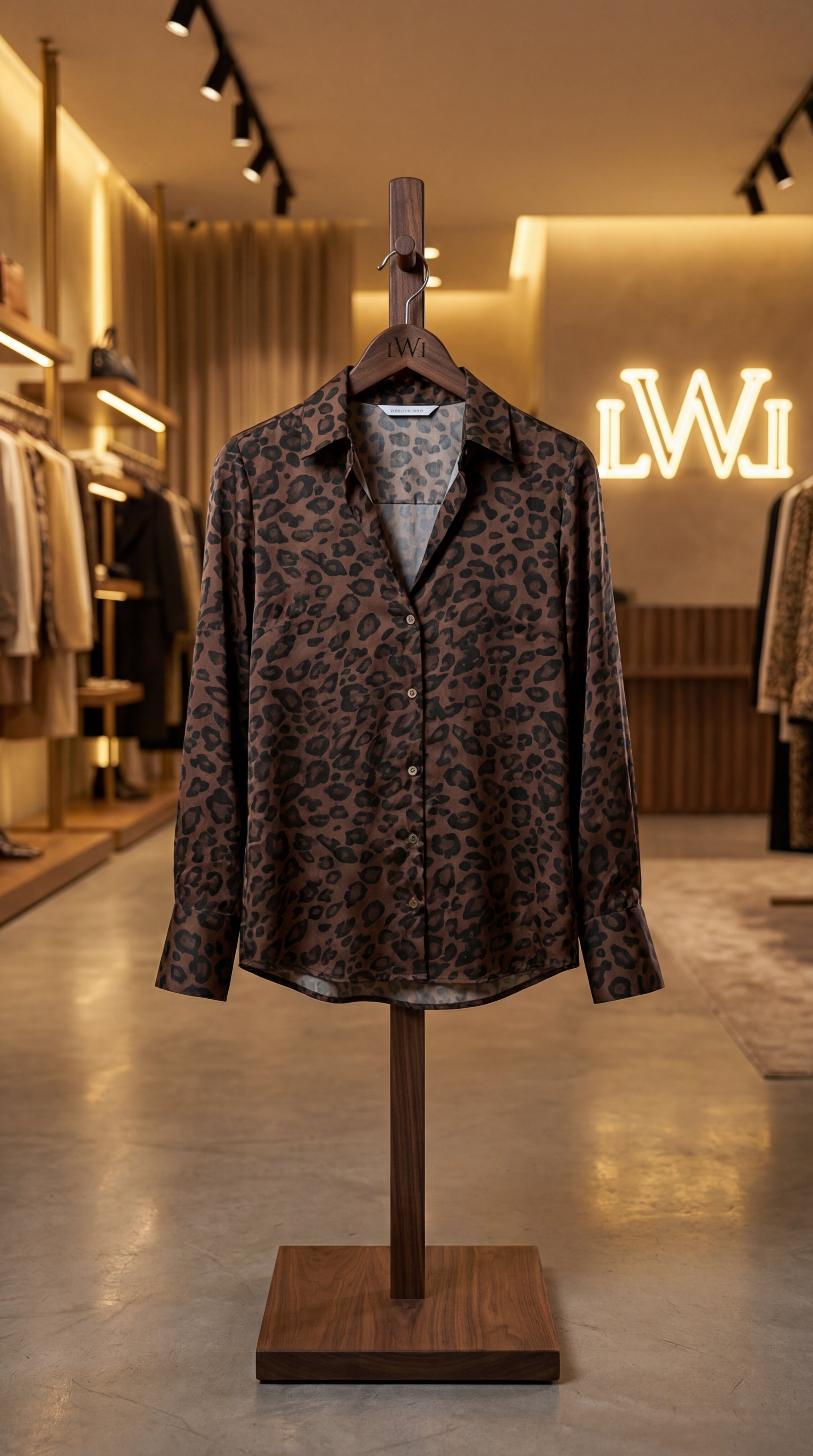 Brown Black Leopard Patterned Satin Classic Collar Women's Shirt