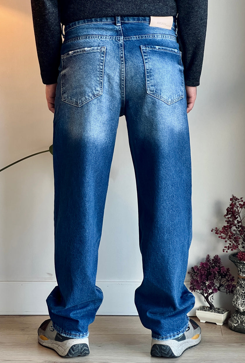 Baggy Model Taşlamalı Regular Fit Jean Pantolon - Mavi