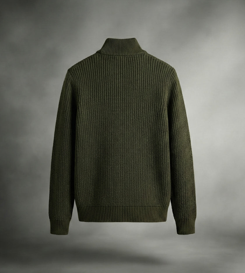 Yarım Fermuarlı Siyah Dik Yaka Kalın Fitilli Erkek Triko Kazak Haki